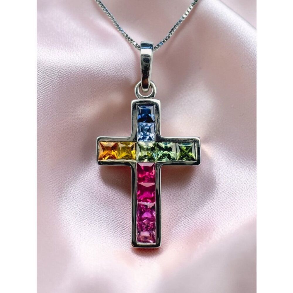 10K White Gold Rainbow Sapphire Cross Necklace 18” Multi Color Gemstone Pendant